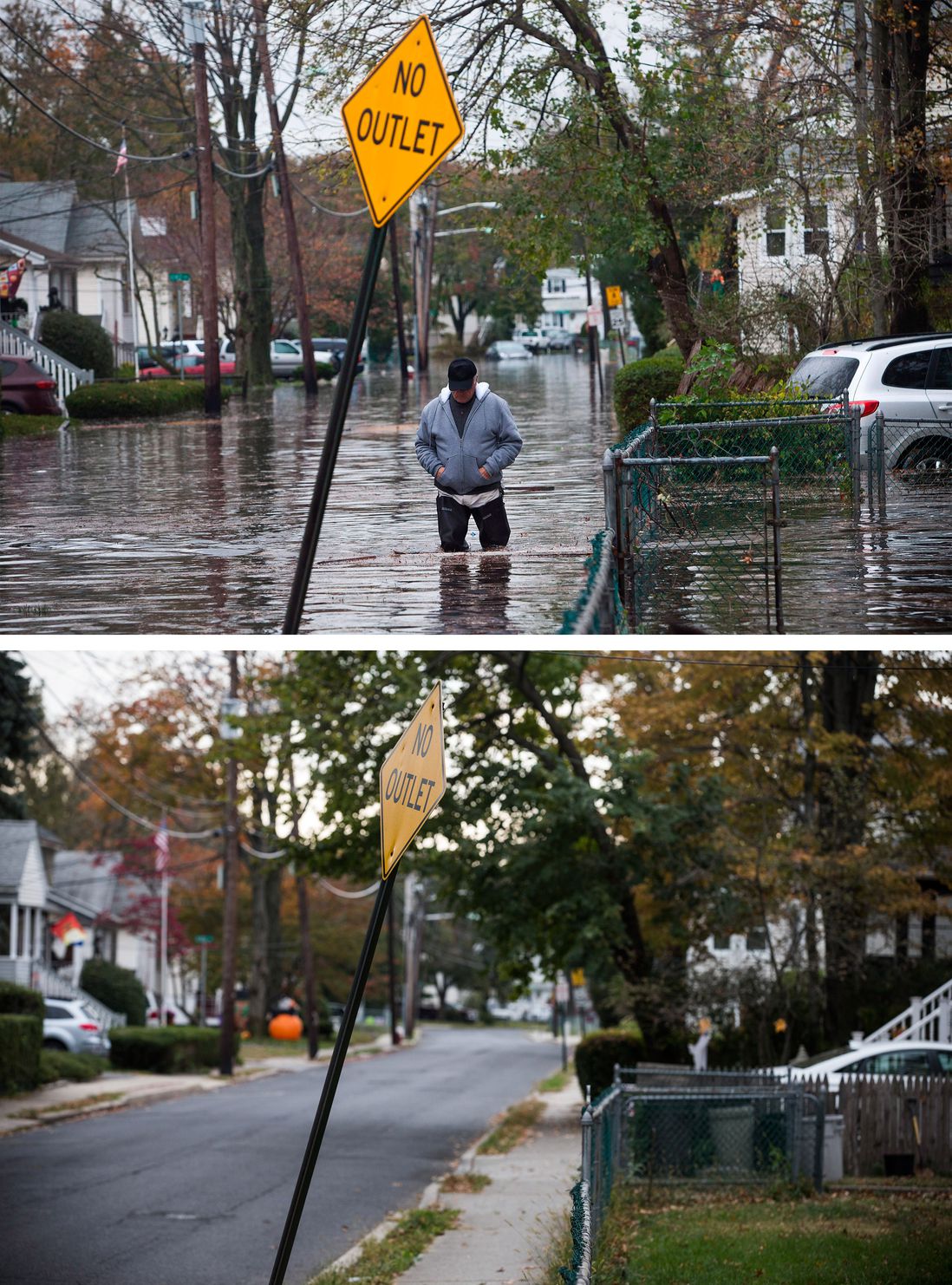[Top] A man walks through a flooded street after Superstorm Sandy October 30, 2012, in Little Ferry, New Jersey. [Bottom] October 22, 2013.